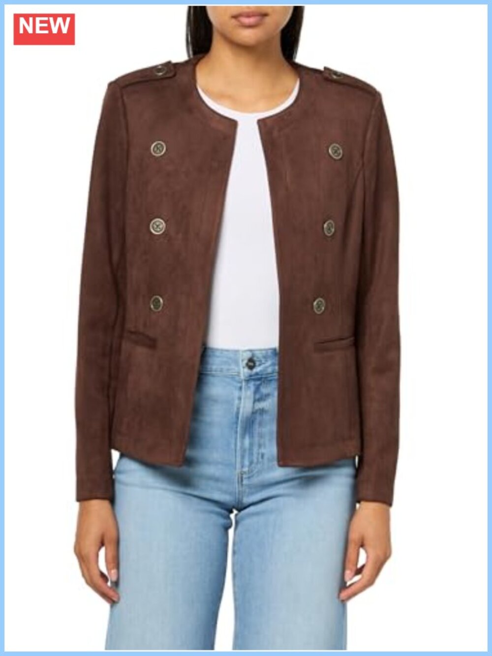 Faux Suede Collarless Band Jacket Tailored Long Sleeve Blazer